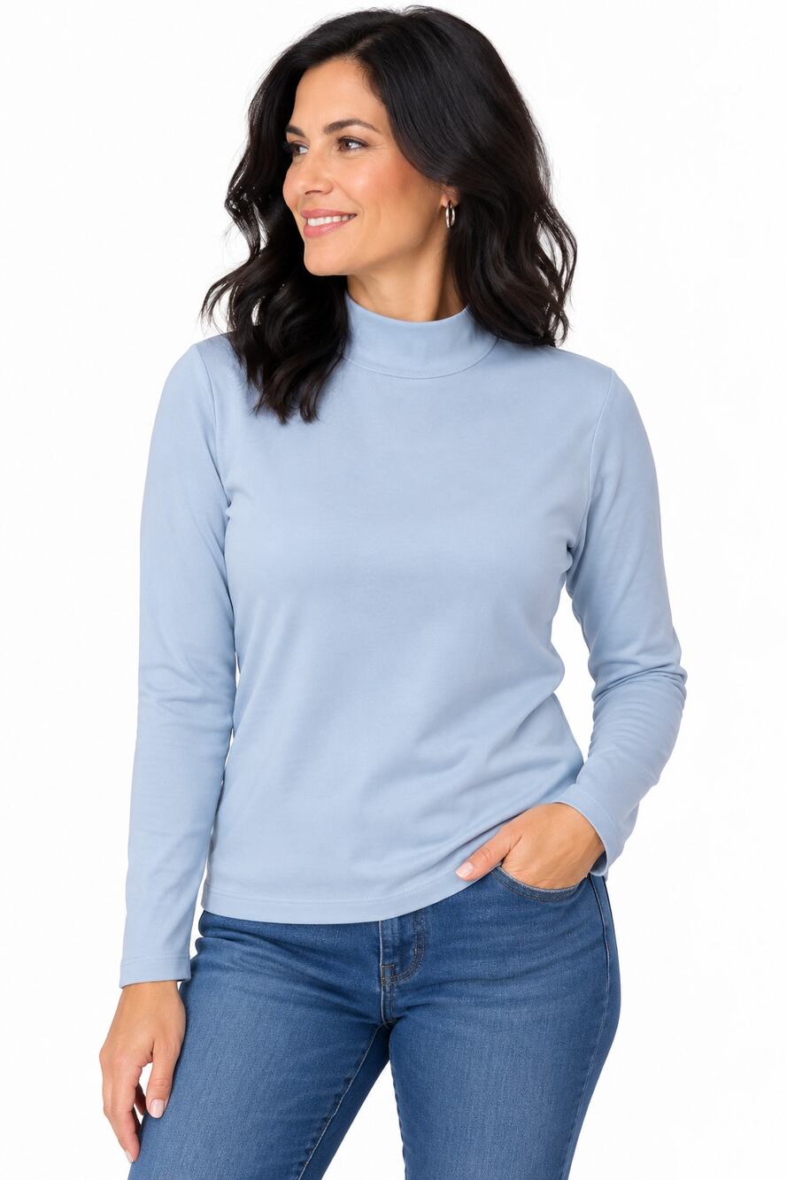 LR251 St Johns Bay Petite L Light Blue Mock Neck Long Sleeve Top
